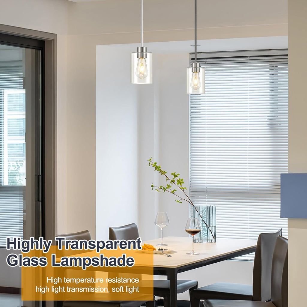 Modern Farmhouse Brushed Nickel Pendant Lights, Mini Hanging Light Fixture with Clear Glass Shade, Adjustable Rods