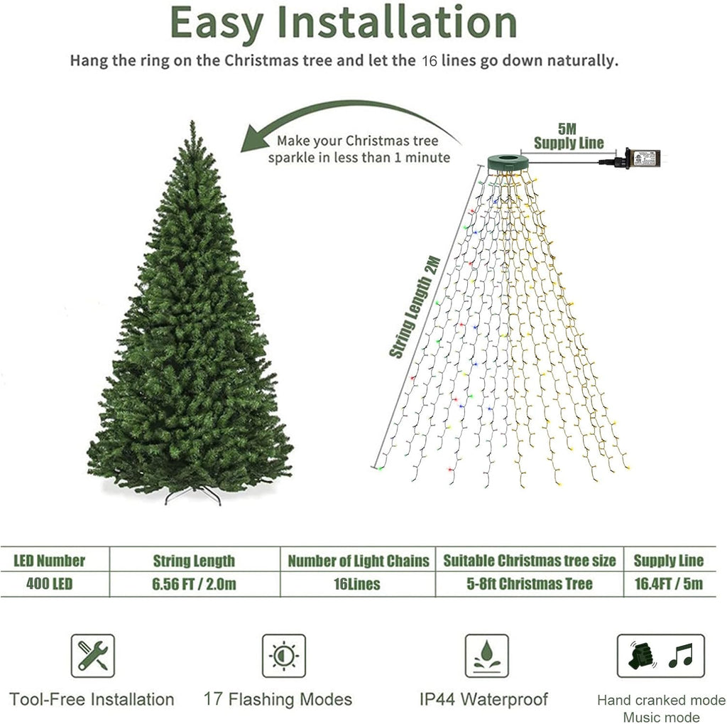 Smart Christmas Tree Lights with Ring, APP Control Music Sync 6.56Ft x 16 Lines String 400 LED Indoor Outdoor