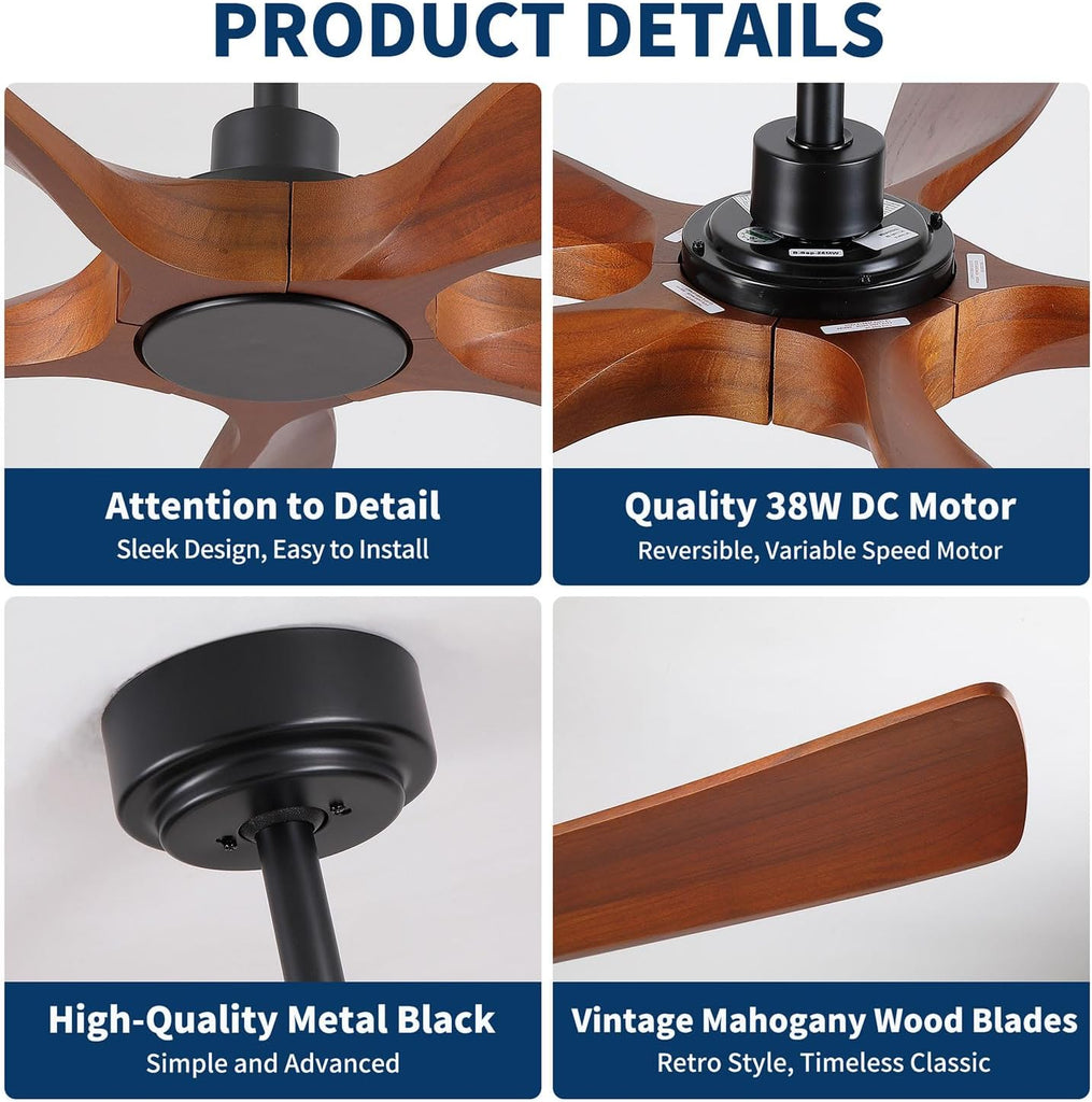 Farmhouse Ceiling Fan no Lights with Remote Control, 60 Inch Outdoor Indoor Ceiling Fan Without Light