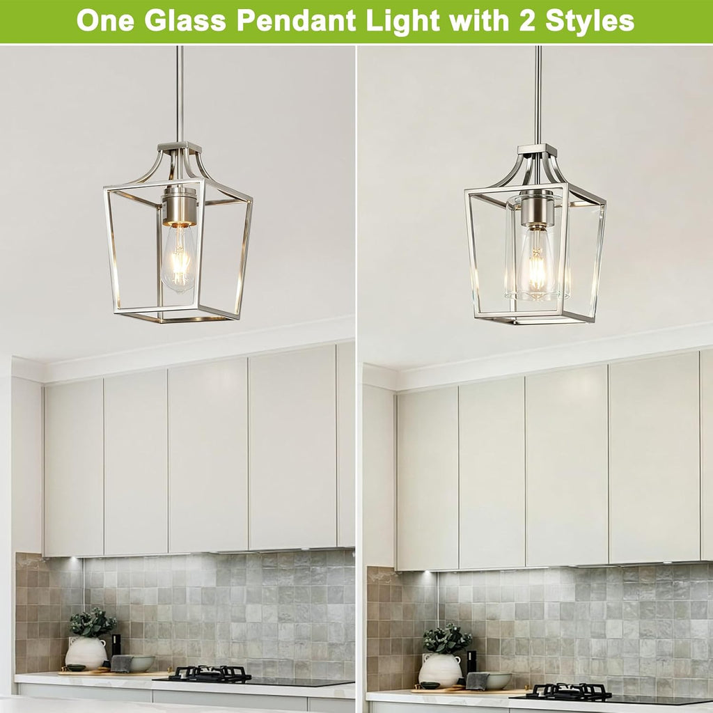 Brushed Nickel Lantern Pendant Light Fixture Pendant Lights for Kitchen Island with Clear Glass Shade, Adjustable