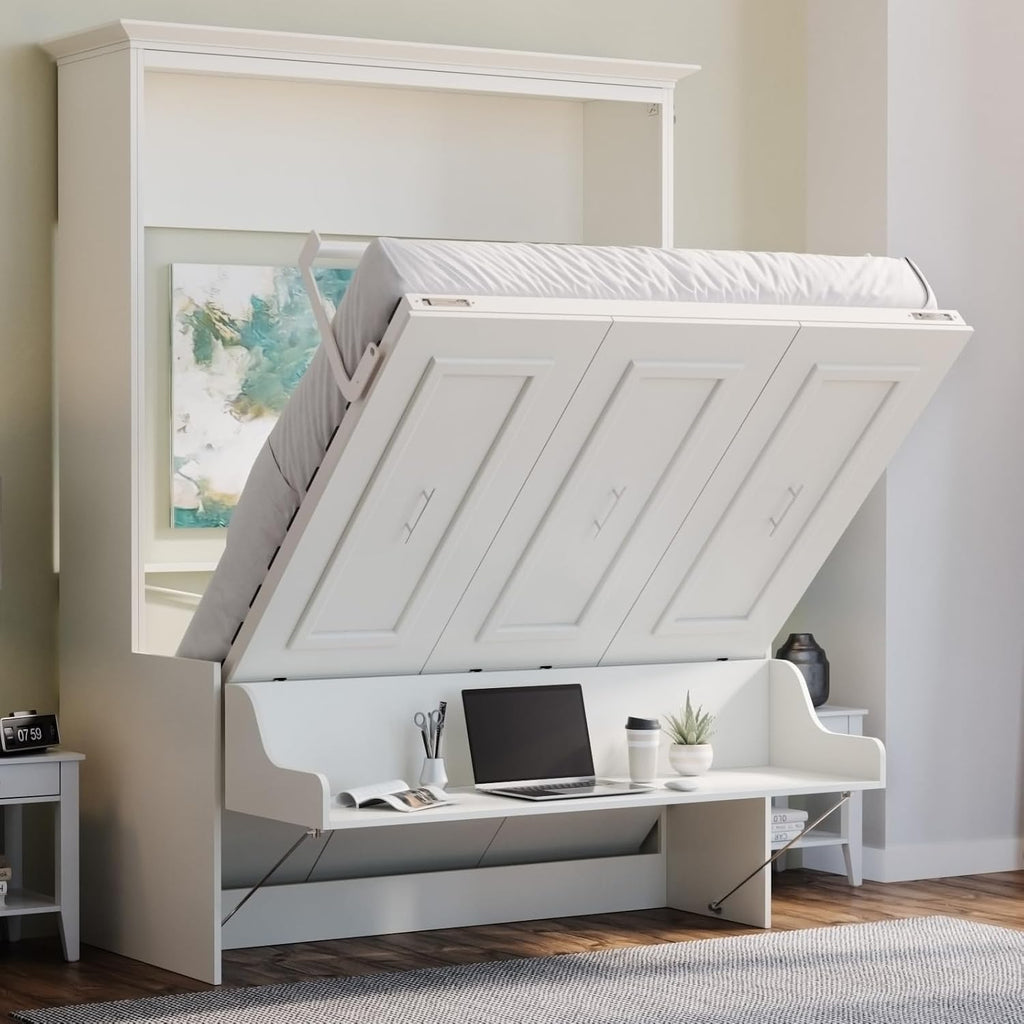 Queen Murphy Bed with Desk | Engineered and Solid Wood Construction | Smooth Painted Finish - No Melamine Used