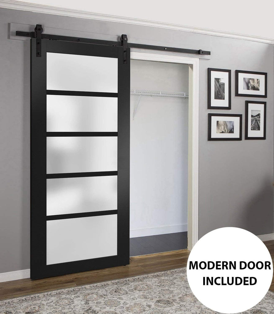 Quadro 4002 | Interior Single Sliding barn Door with Frosted Glass, MDF, 42x80, Black, Modern Style 