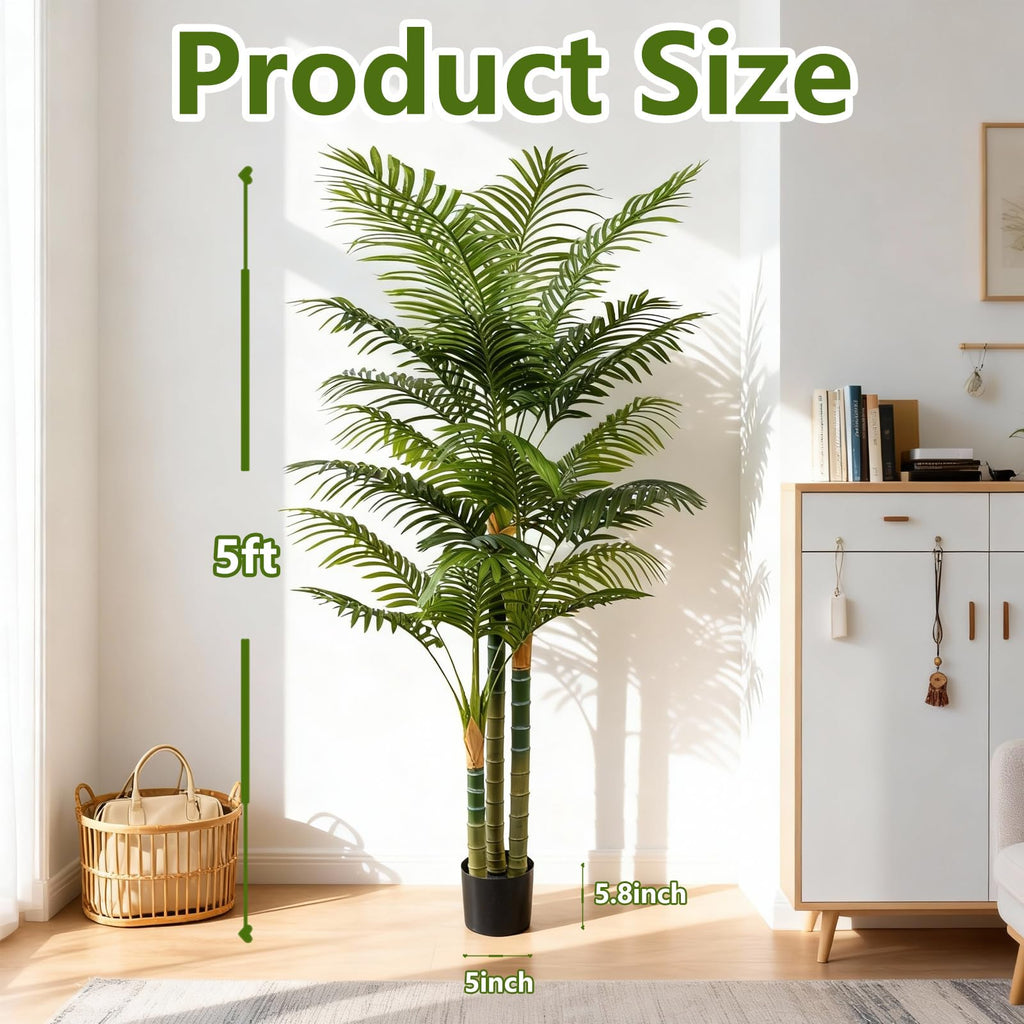 5FT Tall Golden Cane Artificial Palm Tree, Large Faux Palm Tree with 3 Textured Trunks, Outdoor Artificial Plants