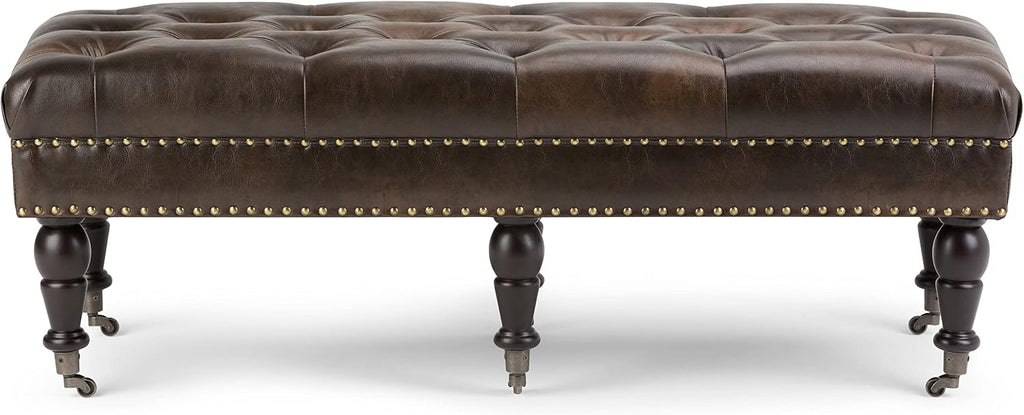Lacey 41" Wide Vegan Leather Rectangle Ottoman in Saddle Brown | Traditional tufted ottoman bench with nail head trim