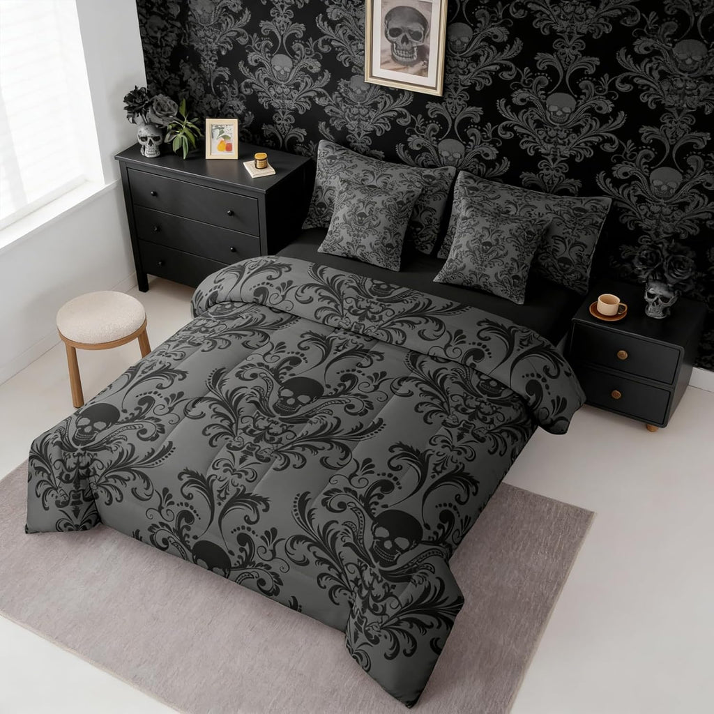 Gothic Damask Bed in a Bag King Comforter Set 7 Pieces,Sugar Skull Bedding Sets Black Grey Victorian Floral Goth - Set of 7
