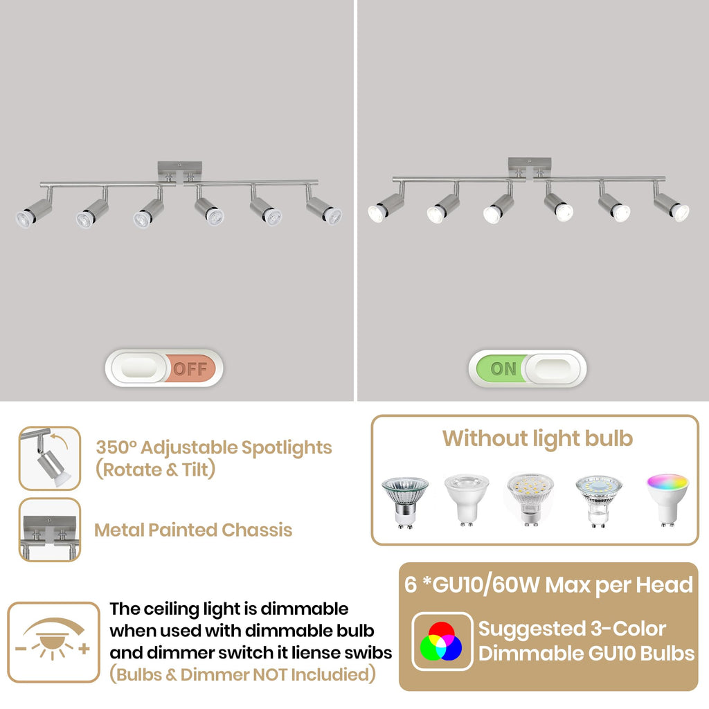 Track Lighting Kit, Brushed Nickel Ceiling Spotlight Bar, Rotatable Light Heads, GU10 Socket Track Light