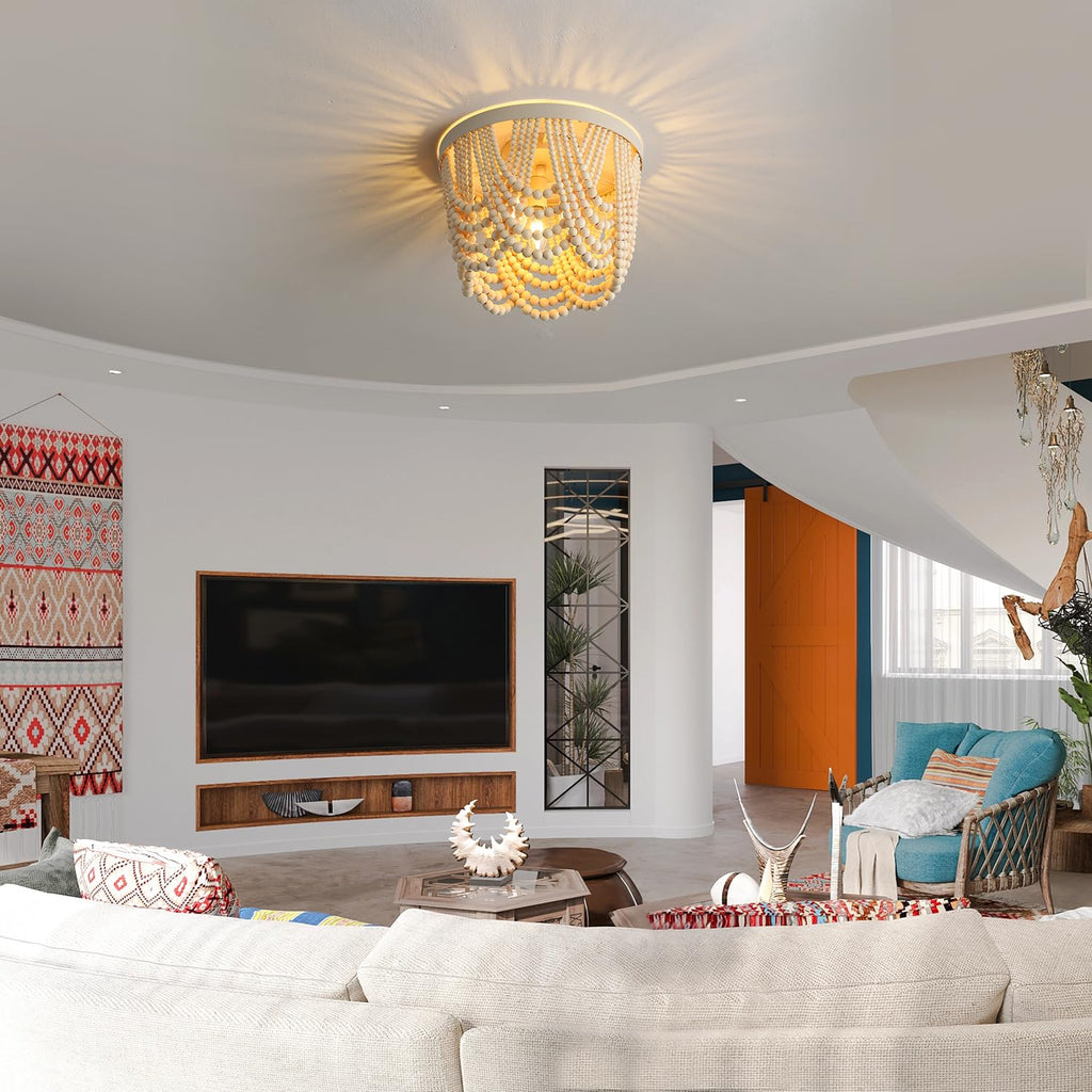 RyalQ Boho Ceiling Light 3 Light Wood Beaded Chandelier