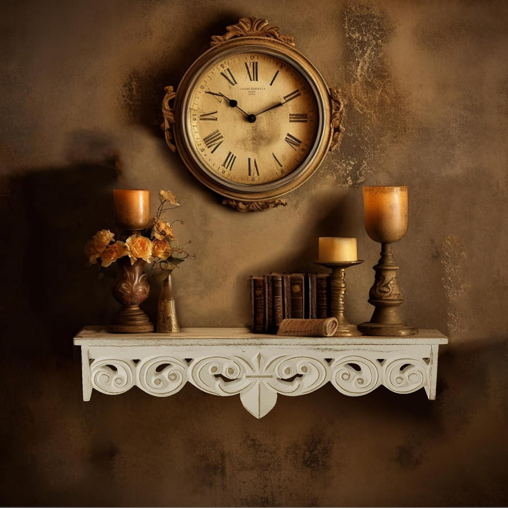 Whitewashed Wood Floating Wall Shelves Set of 2, 16.5in & 15in Long | Shelves with Crown Molding Details, Distressed