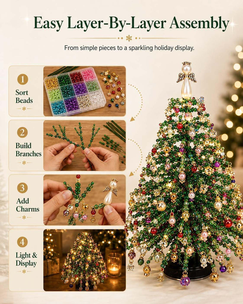 DIY Beaded Christmas Tree Kit for Adults, 3D Crystal Bead Holiday Craft Set with Colorful Beads, Ornament Charms