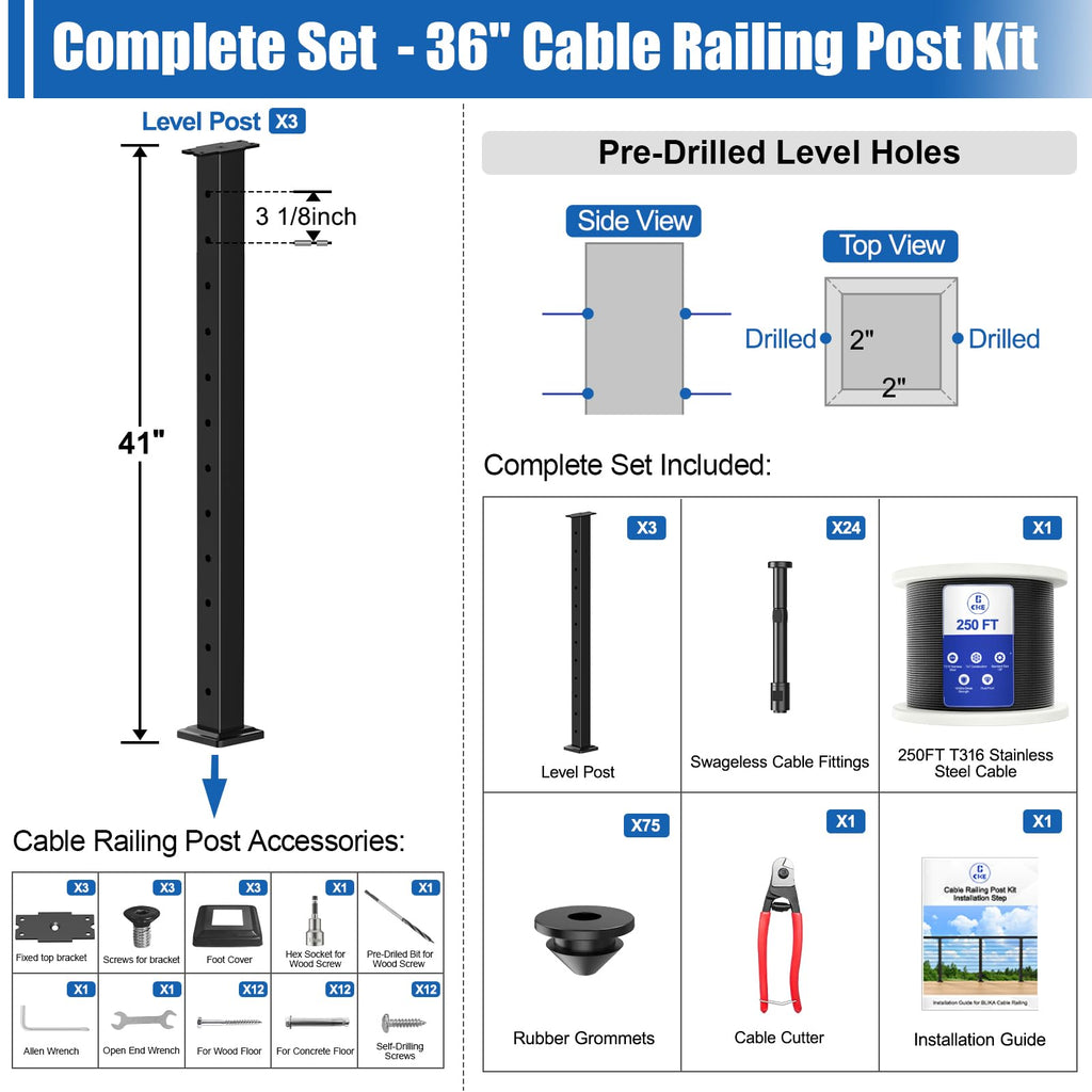 10ft-15ft Complete Set 42" Cable Railing Post Kit, 3Pack Black Level Drilled Line Posts(35"x2"x2"), Swageless Deck