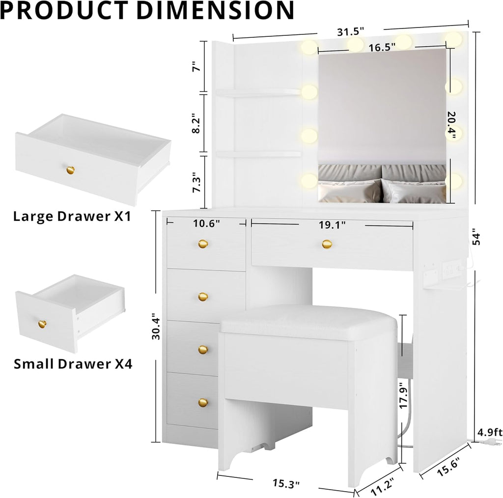 Vanity Desk with Mirror and Lights, White | Small Makeup Vanity Table, 5 Drawers, Power Outlet, Vanity Stool