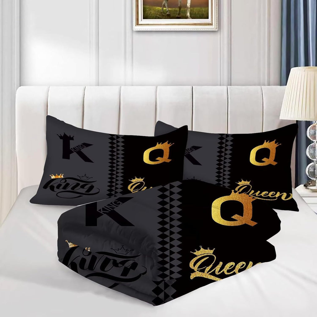 King Queen Crown Comforter Set Black Grey Bedding Set for Teens Women Men Adults Couple Quilt Bedroom Decor