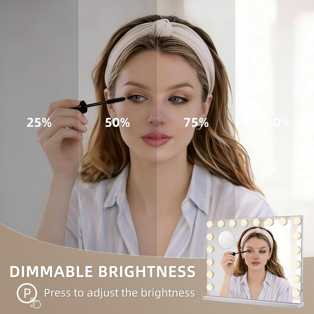 Large Vanity Mirror with Lights, 26"x20.9" Hollywood Mirror with 10X Magnification, 18 Dimmable LED Bulbs & 3 Color
