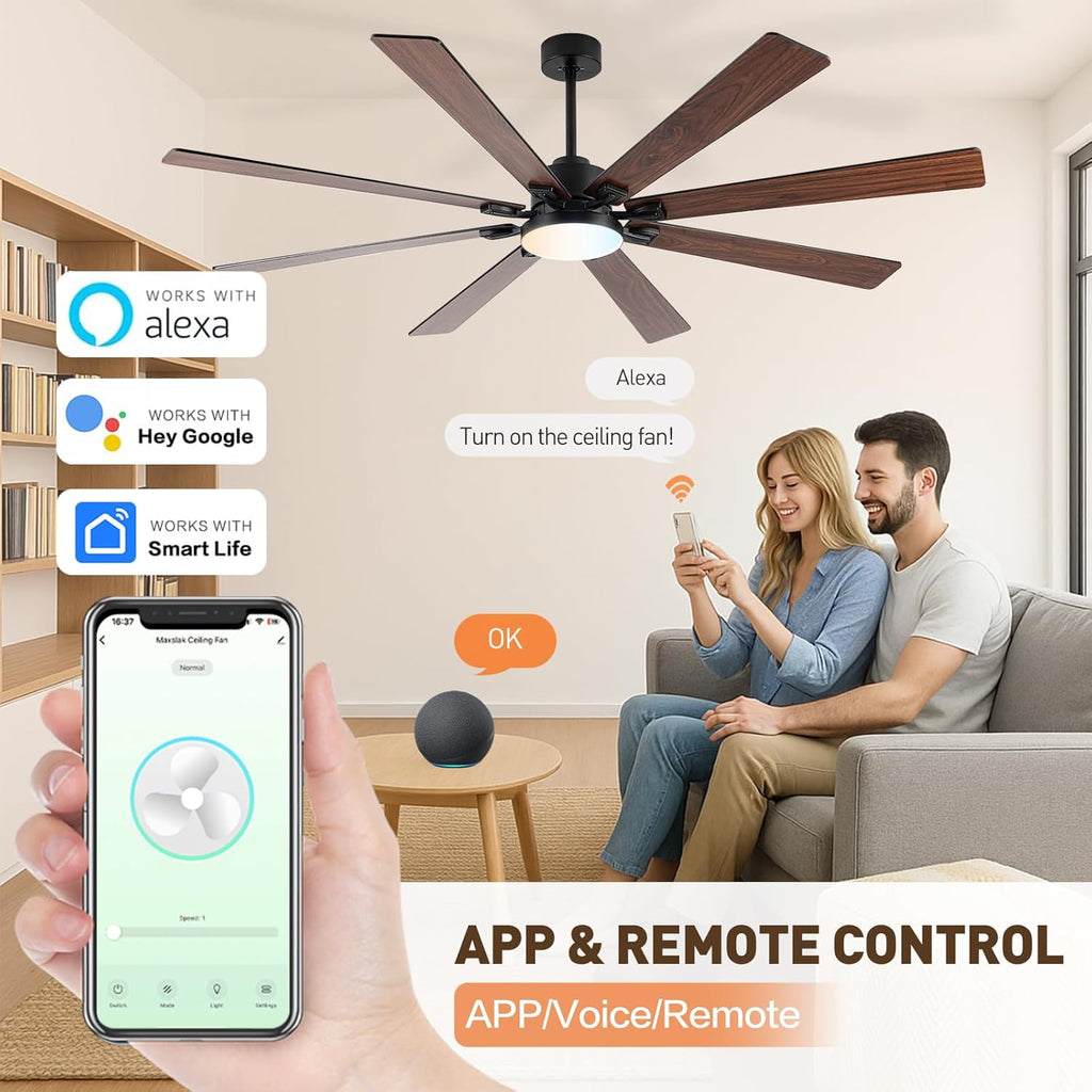 72 Inch Large Smart Ceiling Fan with Light and Alexa/APP(via WiFi),Black Indoor Outdoor Ceiling with Remote ,6 Speed