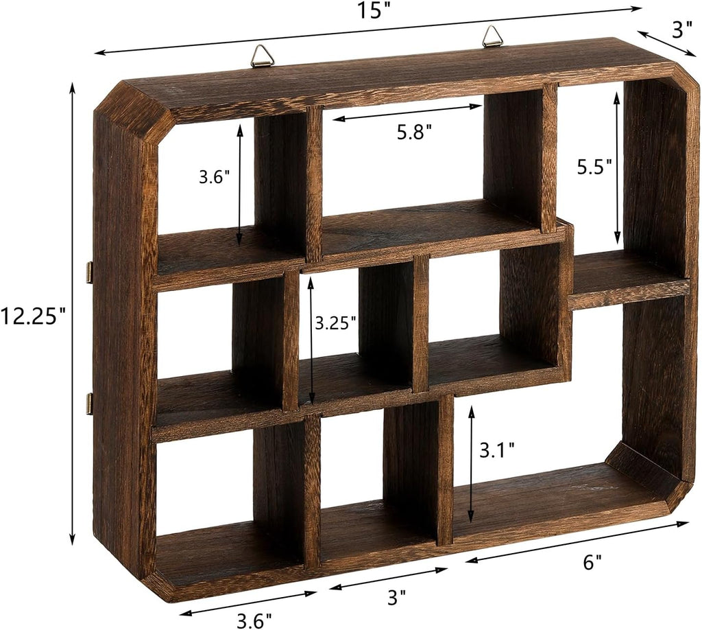 Rustic Shadow Box Display Shelf, 9 Compartments Wood Hanging Display Floating Shelves, Multi-Slot Wall Mounted or
