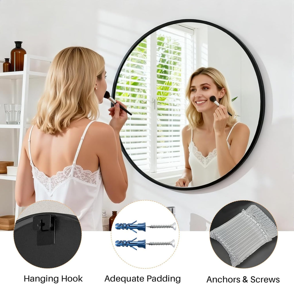 Bathroom Mirror for Wall, 24 Inch Round Mirror, Matte Black Metal Framed Circle Vanity Mirror Bedroom Living Room