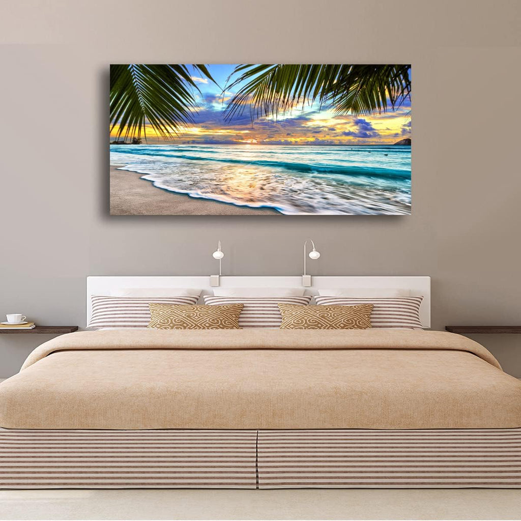 Beach Canvas Wall Art Seascape Theme Pictures Home Decor Blue Ocean White Wave Palm Tree Prints Paintings Bathroom