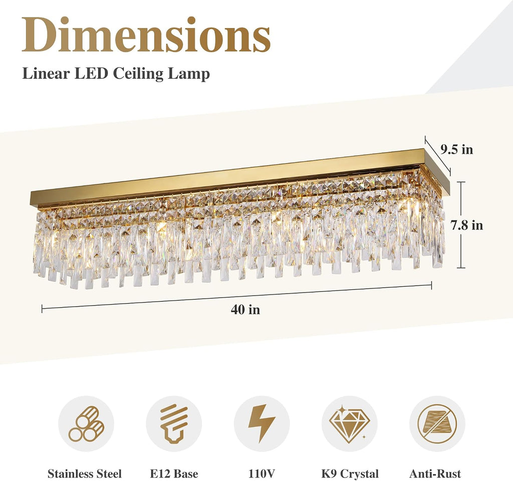 Rectangular Crystal Chandelier Flush Mount 40" Gold Ceiling Light,Large K9 Raindrop Light Fixture,8 Lights Modern