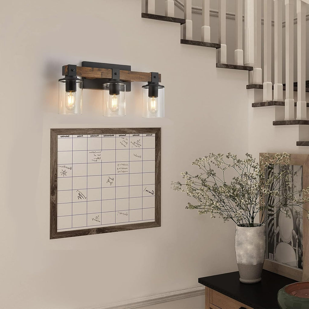 Farmhouse Vanity Light Fixture,3-Light Bathroom Wood Wall Light Over Mirror with Clear Glass Shade, Rustic Vintage