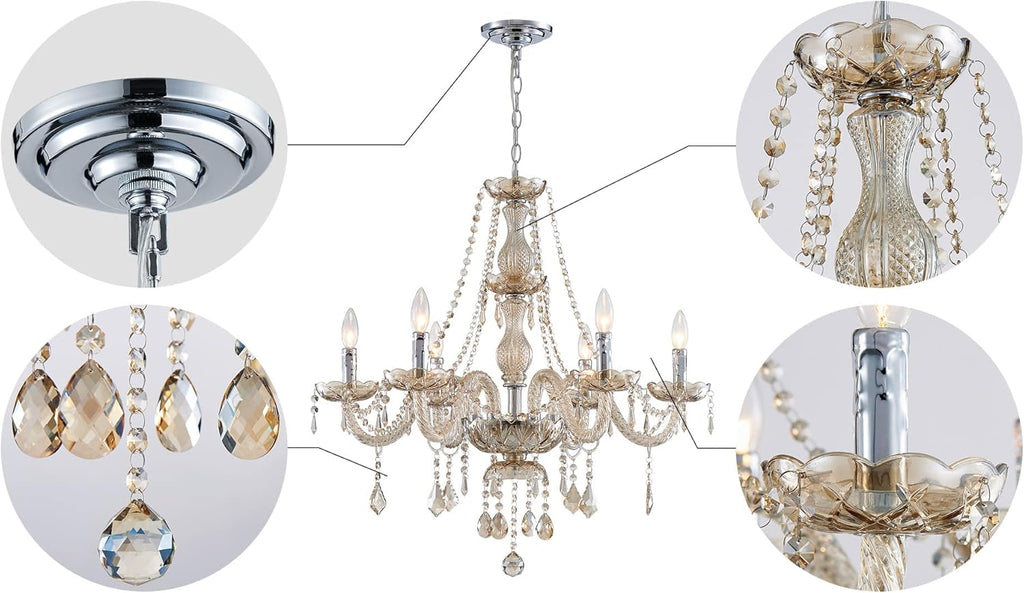 6 Light Chandelier Modern K9 Crystal Chandelier Lighting, Champagne Crystal Ceiling Light Fixture Pendant Lamp for Dining Room Bathroom Bedroom Livingroom