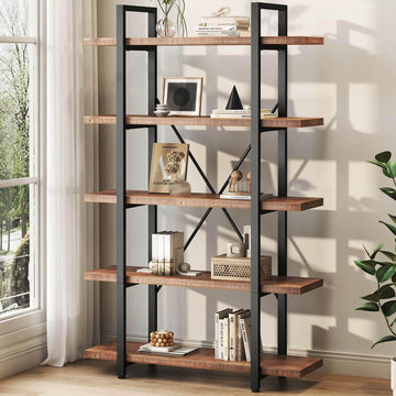 5 Tier Industrial Solid Wood Bookshelf, Distressed Brown