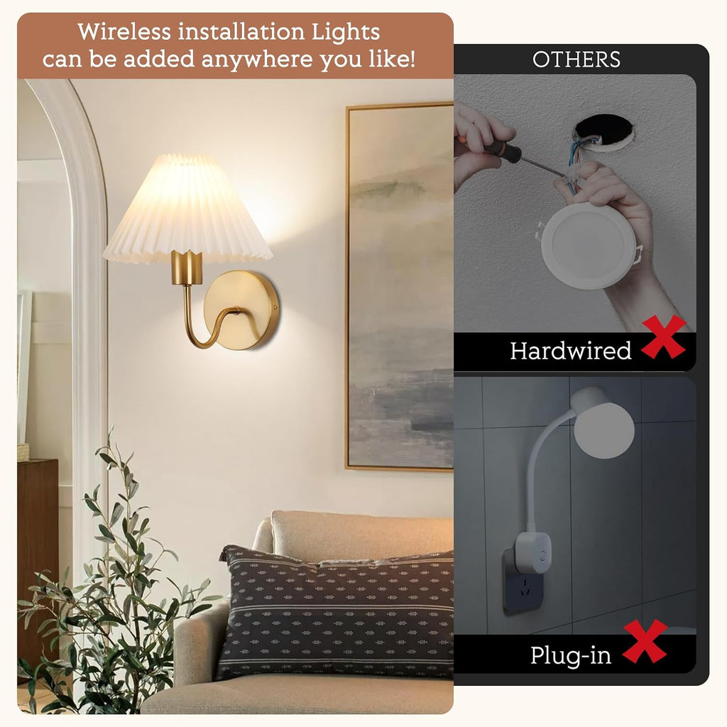 Wireless Wall Sconce Sets of 2, Pleated Shades Rechargeable Battery Operated Wall Sconce, Retro gooseneck Gold Wall