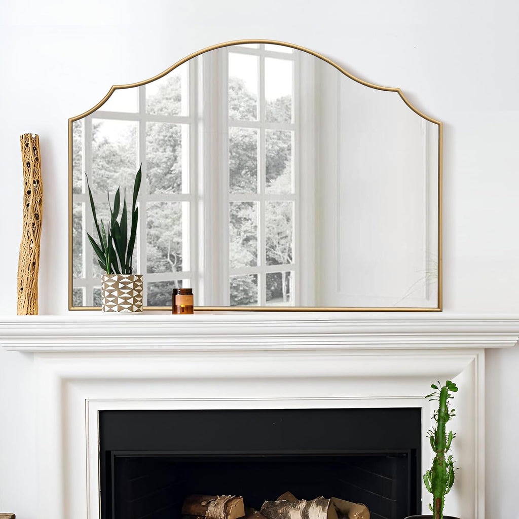 Gold Scalloped Wall Mirror: 40"x29" Large Modern Minimalist Bathroom Mirror - Decorative Vanity Arched Mirrors for