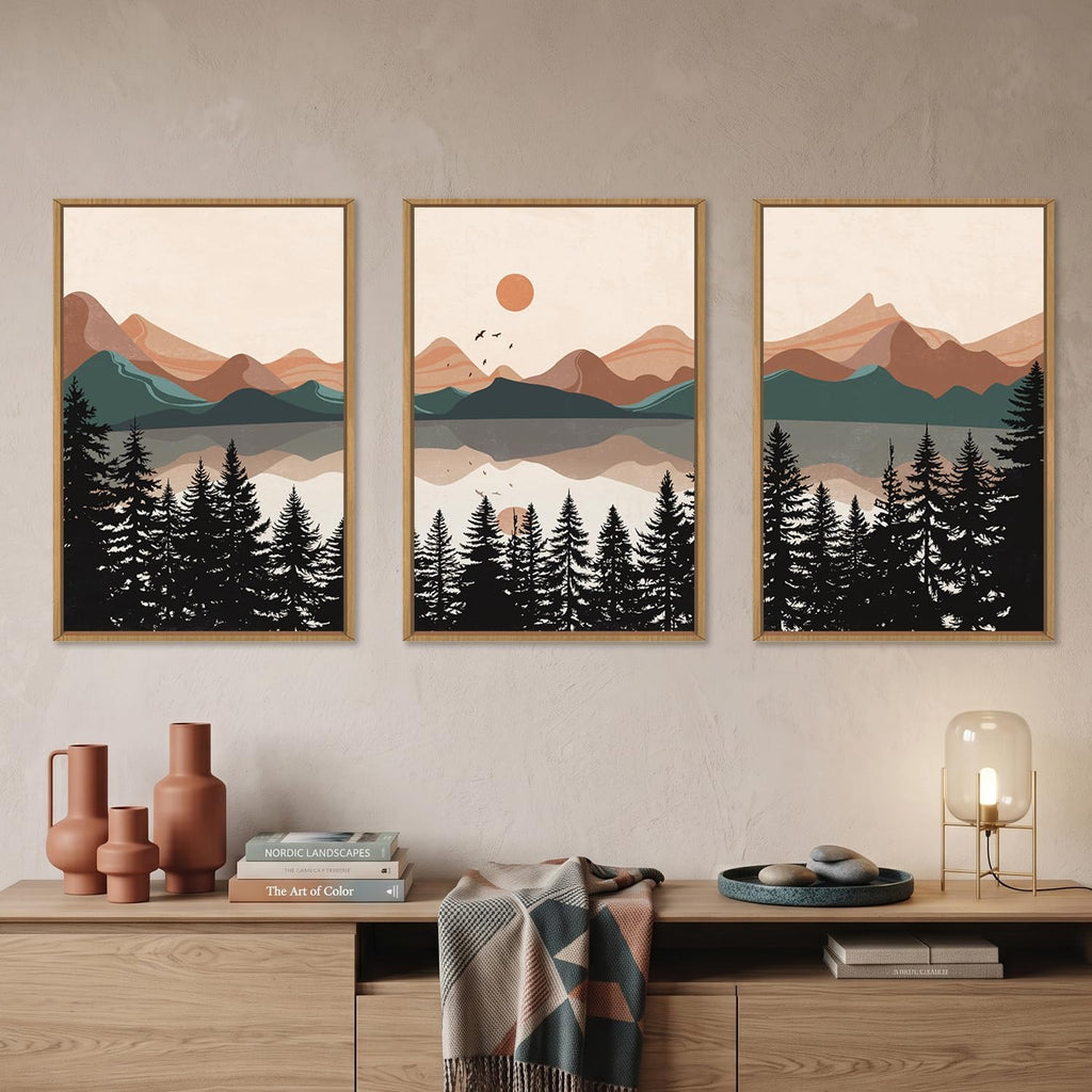 Boho Mountain Sunset Framed Canvas Wall Art Set,Colorful Mid Century Forest Wall Decor,Beige Nature Pine Tree Art - Set of 16