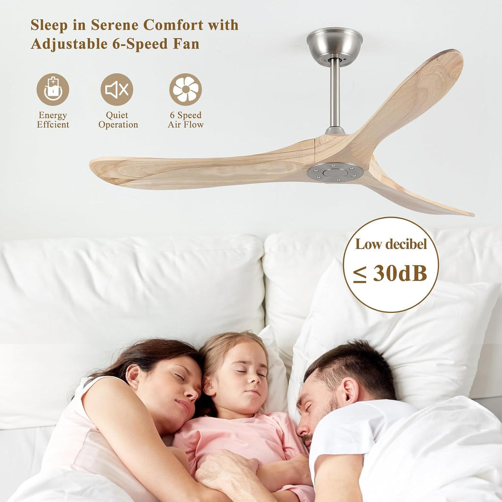 Inspired Maverick Style 52" Modern Ceiling Fan, No Light, 6-Speed, Reversible, Timed Shutdown, DC Motor, Natural Wood 3 Blade, Porch, Bedroom, Living Room