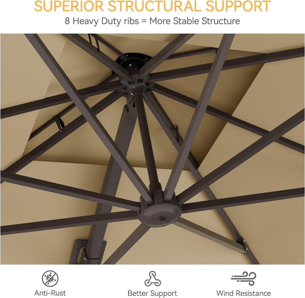 10x10 FT Patio Umbrella, Large Cantilever Double Top Heavy Duty Offset Umbrellas with 360° Rotation