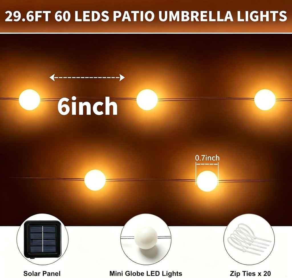 LED String Lights Umbrella - 60 Shatterproof Globe Waterproof Lights