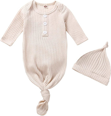Girl Boy Coming Home Knotted Gown Unisex Newborn Infant Sleep Onesie Outfit Cute Baby Winter Pajamas (A Waffle Knit