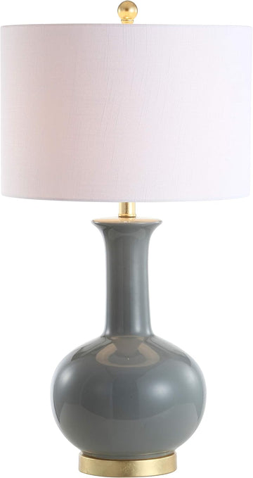 27" Gray/Brass Ceramic Table Lamp Bedroom, Modern Transitional Nightstand Lamp with White Linen Drum