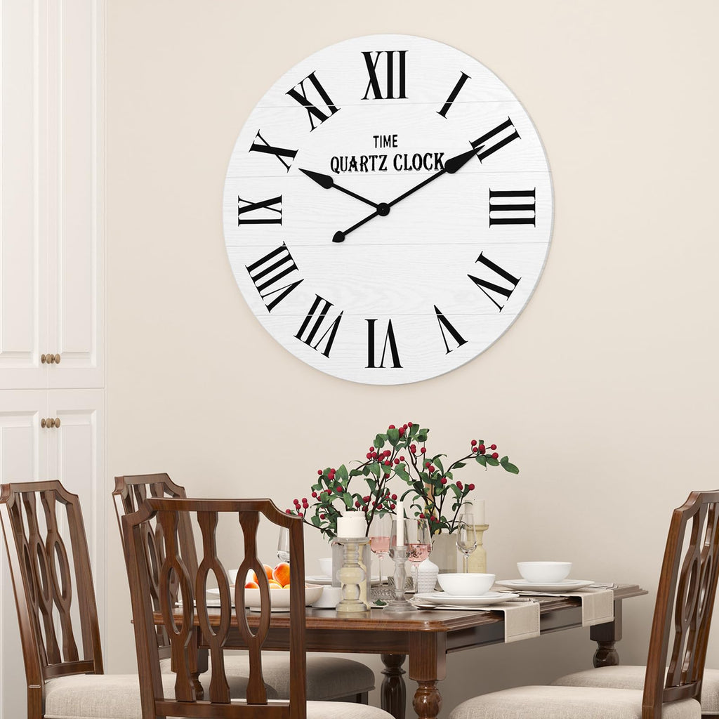 35.5" Extra Large Farmhouse Wall Clock, Solid Wood Veneer, White