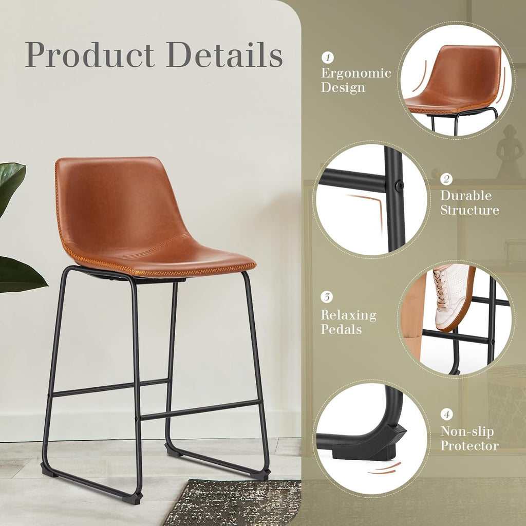 26 Inch Counter Height Bar Stools Set of 4, Modern Faux Leather High Barstools with Back and Metal Leg, Upholstered