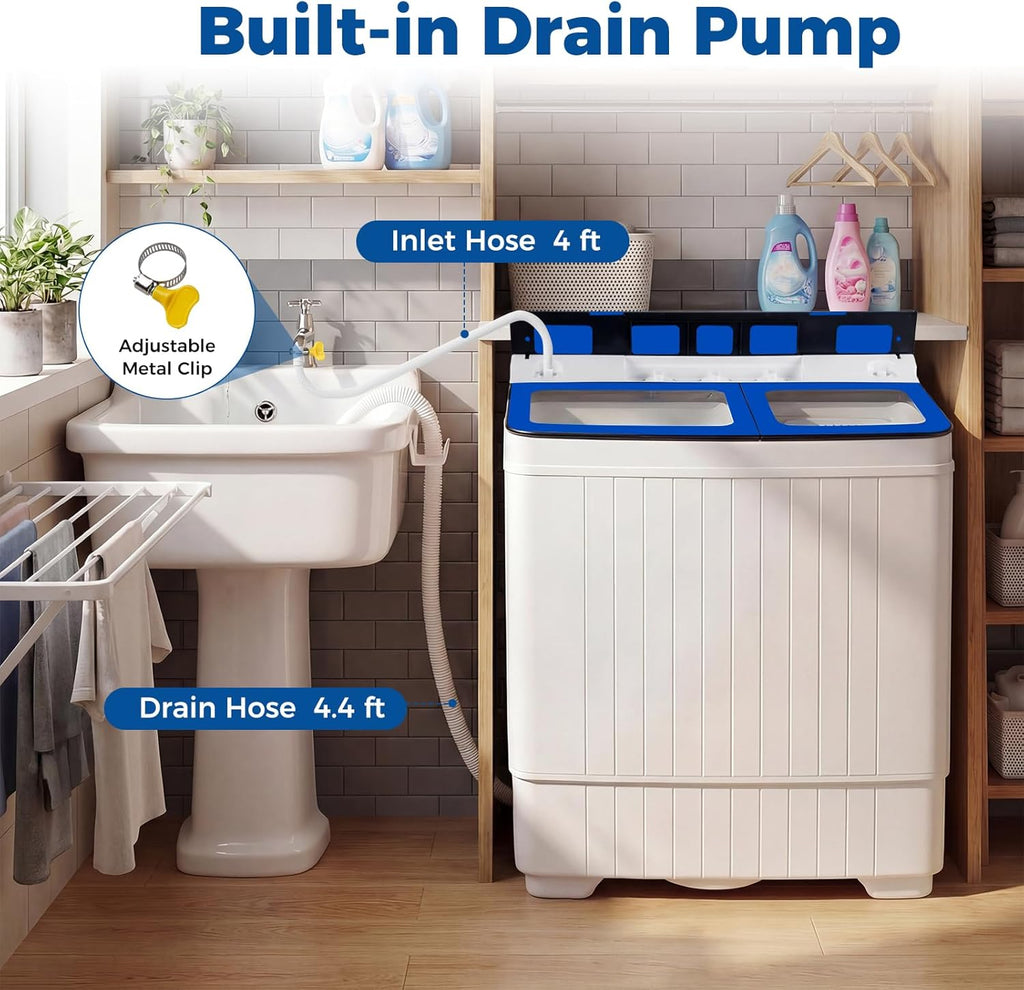 Portable Washing Machine, 26LBS Twin Tub Mini Compact Laundry Washer Spinner Combo with Drain Pump, 18Lbs Washer and 8Lbs Spinner for Apartments, RVs, Dorms, Blue+White