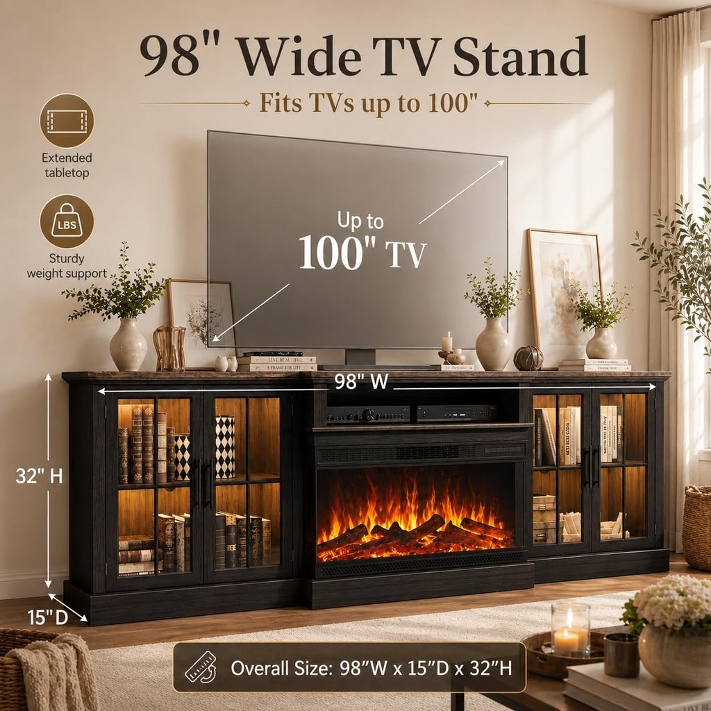 Black 98" Farmhouse TV Stand with 36" Fireplace for Living Room,Media Entertainment Center with Adjustable Shelves