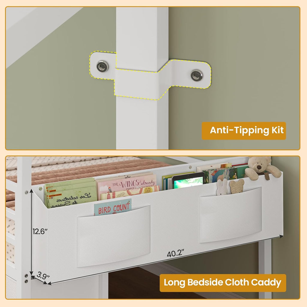 Twin Size Bed Frame with 6 Drawers,White Metal House Kids Bed | Twin Bed Frame for Girls,Safety Guardrail,Inclined