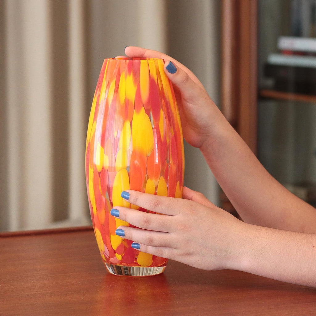 Murano Style Art Glass Vase Hand Blown Orange Confetti Effect Home Decor