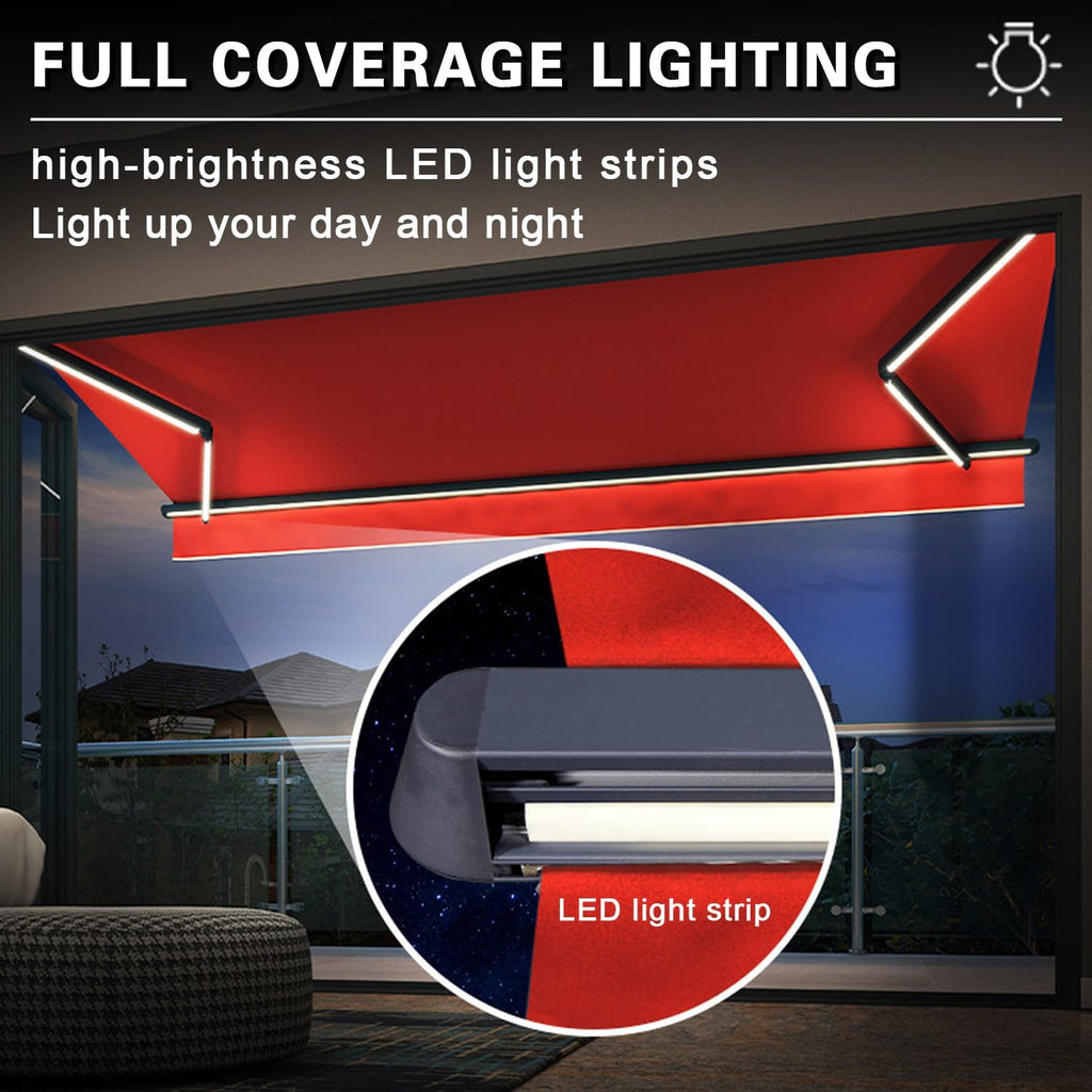 Retractable Patio Awning, Fully Assembled Motorized LED Sunshade Waterproof UV Protection, Large Canopy for Window