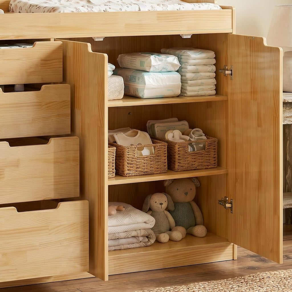 47.2" Solid Wood Baby Changing Table Dresser, Natural | 4 Drawers and 2 Doors, Changing Table Top, Safety Guardrails
