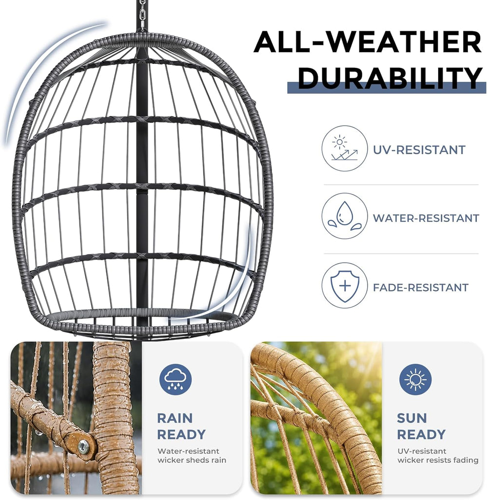 Outdoor Hanging Egg Chair with Stand, Indoor Wicker Egg Shaped Swing Chair with Cushion, 370lbs Capacity Comfy Patio