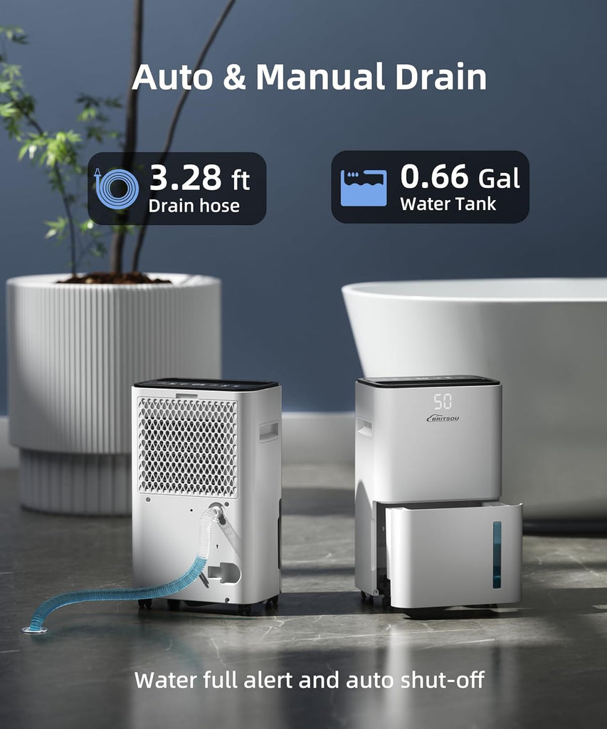 34 Pint Dehumidifier for Basement with Drain Hose & 0.66 Gallon Water Tank, Manual & Auto Drainage