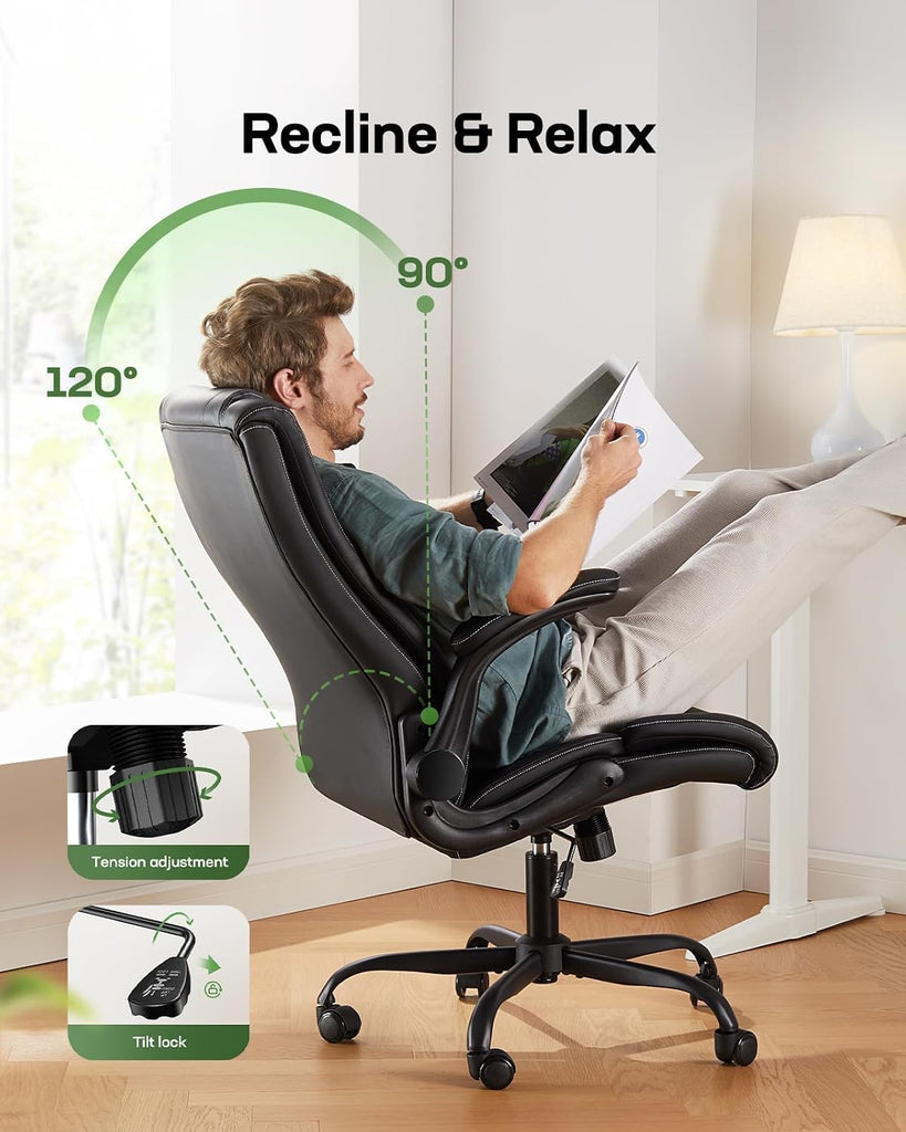 Executive Ergonomic Desk Chair with Flip-up Armrests PU Leather Height-Adjustable Swivel Rolling Dark