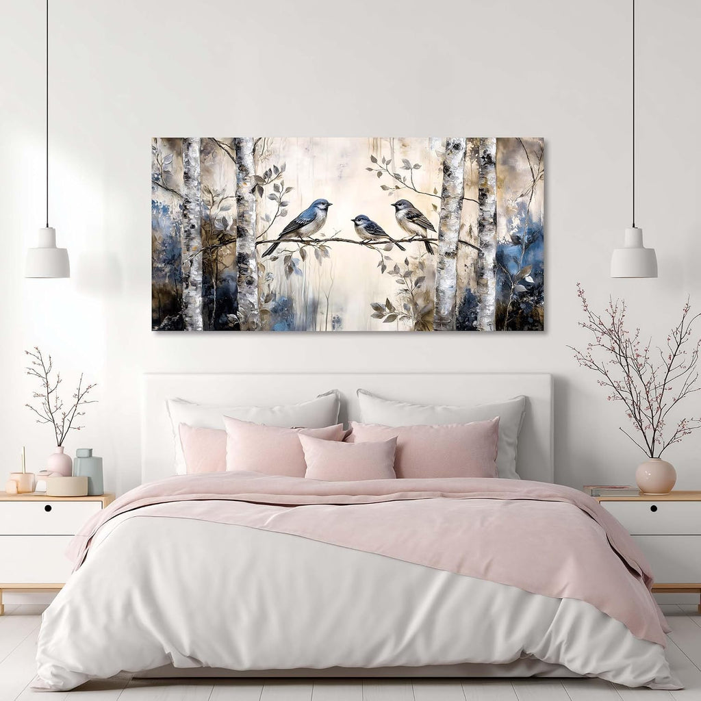 Beige Sparrow Bird Wall Art Decor Cute Chickadee Birds Canvas Pictures Birch Tree Woods Painting Prints Deco Wildlife