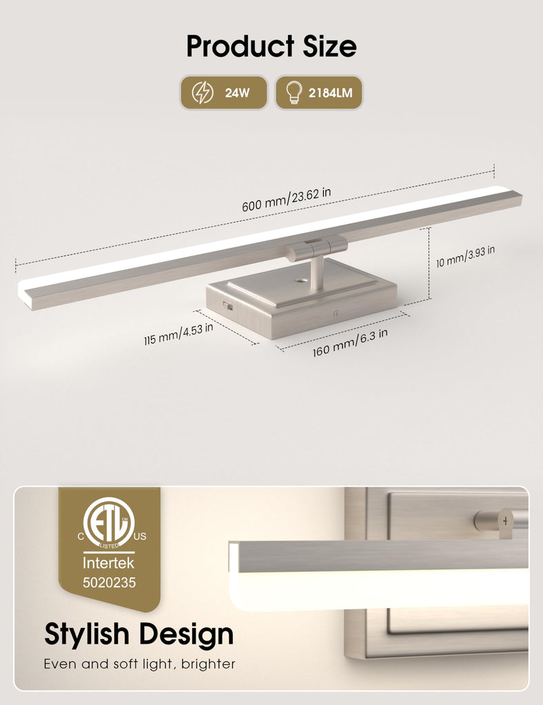 Modern Bathroom Vanity Light 24 inch, Rotatable, 24W Dimmable 5CCT Led Bathroom Light Fixture Over Mirror, Brushed