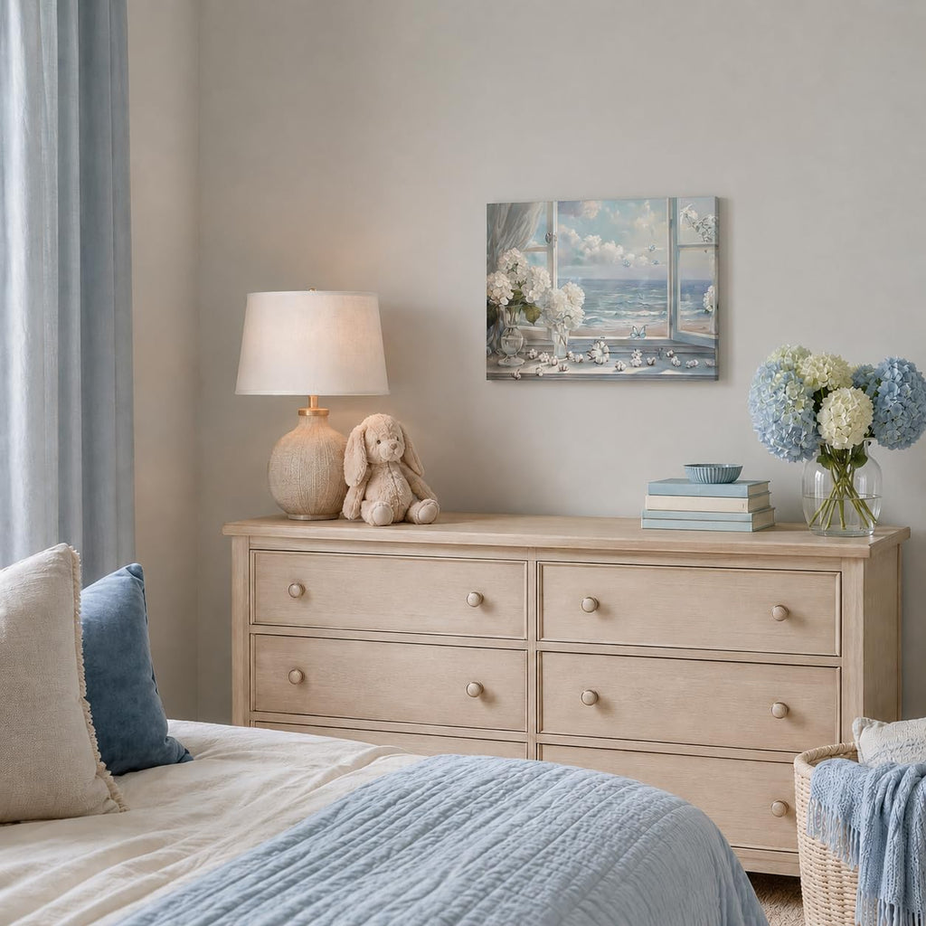White Hydrangea & Coastal Window View Wall Art - Serene Ocean Landscape Canvas Print Decor