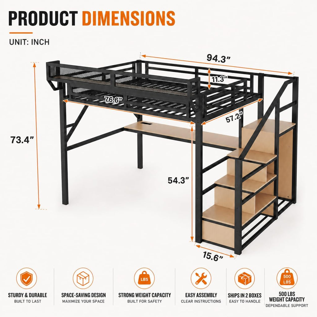 Full Loft Bed with Desk and RGB Light, Metal Loft Bed Frame with Stairs and Bedside Shelf