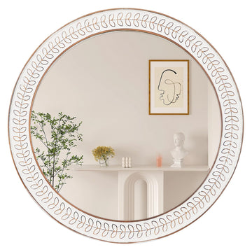 26 inch Round Mirrors for Wall Wood Circle Mirror with Carved Frame Rustic Accent Distressed Decorative Bedroom