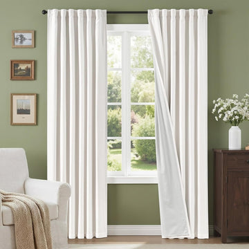 100% Blackout Curtains for Bedroom Decor White Linen Textured Curtains with Liner Insulated Thermal Curtains